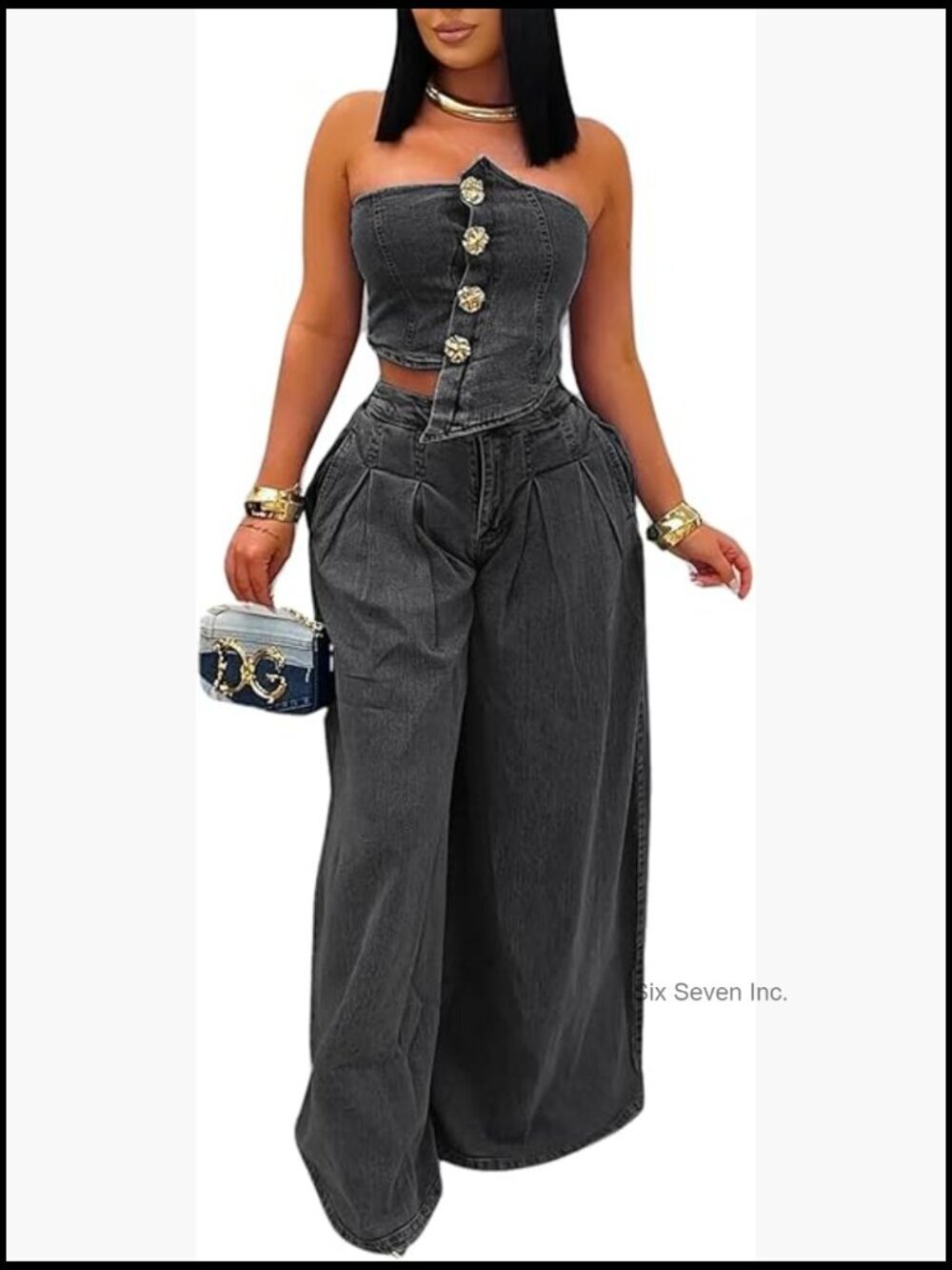 Strapless Tube Top and High Waist Wide Leg Pant Denim Set